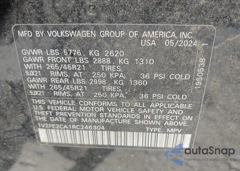 2024 Volkswagen Atlas Cross Sport 2.0T Sel Premium R-Line from USA, damaged, VIN 1V2FE2CA1RC246304